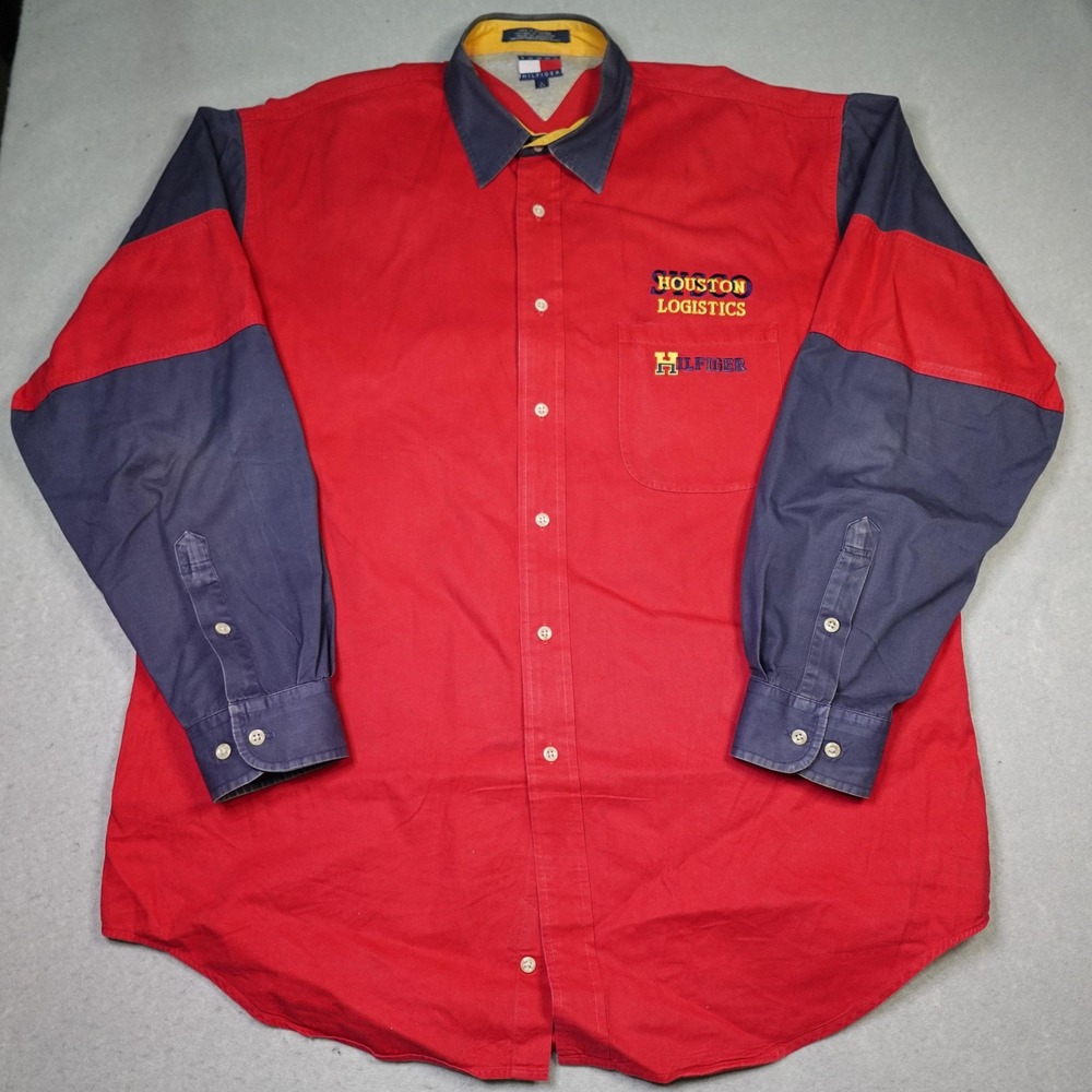 Tommy Hilfiger Shirt Mens L Red Blue Colorblock cowboy Houston Big H logo rodeo